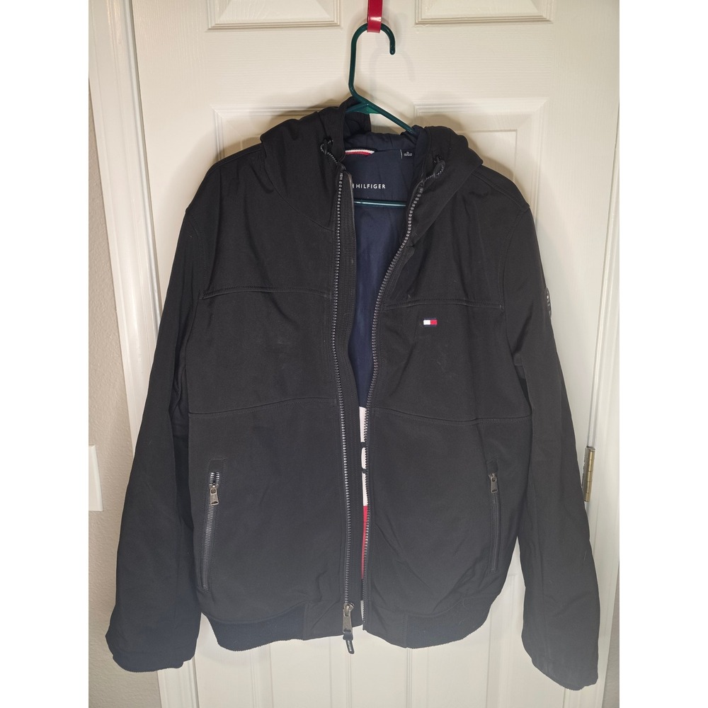 Tommy Hilfiger Mens Black Hooded Bomber Jacket Large Colorblock Lining